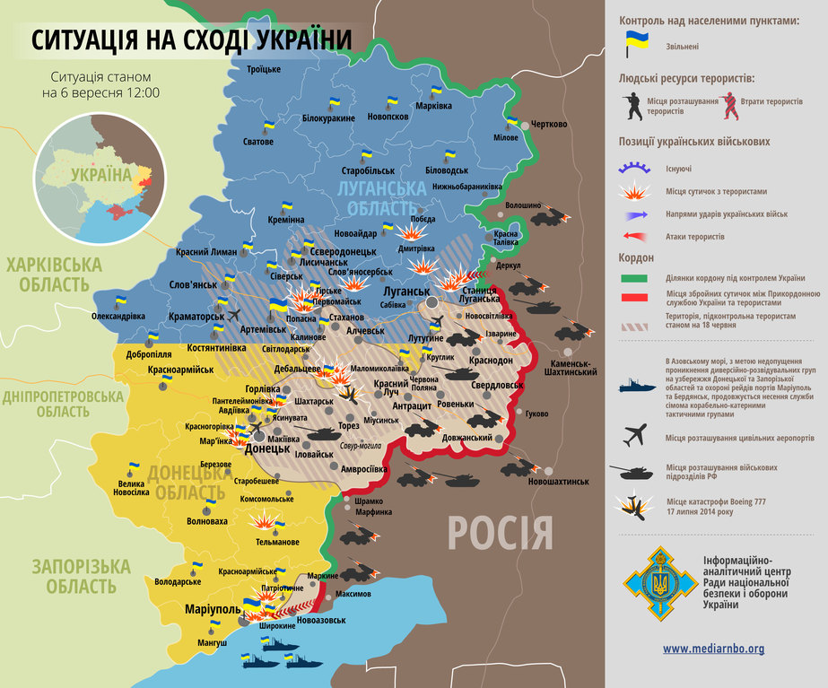 Карта АТО станом на 6 вересня. Ситуація на сході країни станом на 12:00 6 вересня 2014 року за даними РНБО України.