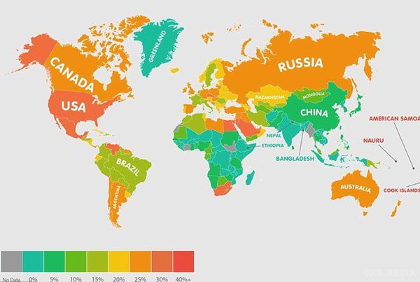 Вчені створили карту ожиріння світу, в Україні кожен п'ятий "пампушка". Ви думаєте, що найбільша кількість товстунів живе в США? Ви помиляєтеся. На основі даних американського ЦРУ дослідники з Оксфордського університету створили карту ожиріння усього світу. 