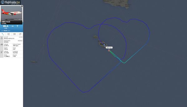 Пілот авіакомпанії Air Malta «намалював» в небі два серця (фото). Airbus A319-111, що належить авіакомпанії, вилетів з аеропорту мальтійського міста Лука ввечері 14 квітня. Спочатку пілот вибрав для траєкторії польоту одне велике серце, а потім додав до нього друге, але меншого розміру. 