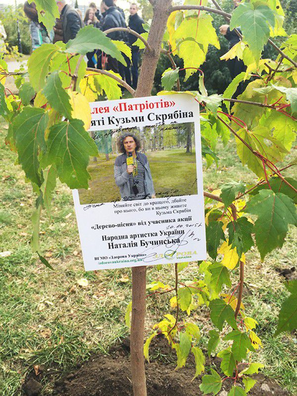 На алеї пам'яті Патріотів Скрябіна Наталія Бучинська посадила дерево. В Києві розростається парк з деревами-піснями пам'яті покійного українського артиста Кузьми Скрябіна.