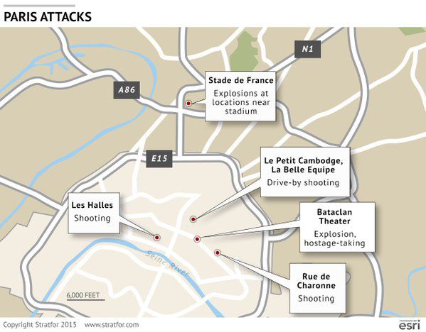 Компанія Stratfor склала карту терактів, скоєних у Парижі (ФОТО). Фахівці американської приватної розвідувально-аналітичної компанії Stratfor склали карту терактів, які були вчинені у Парижі в п'ятницю, 13 листопада.