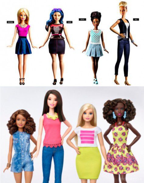 Ляльку Барбі почнуть випускати з реалістичним типом статури (фото). Компанія Mattel повідомила про випуск ляльки Барбі (Barbie) з реалістичними типами статури тіла. Крім того, що у іграшок буде різний колір волосся і шкіри, будуть виділені три основні типи: пухка, висока і маленька.
