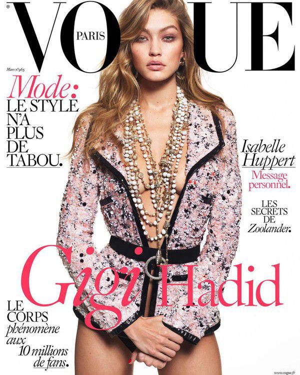 Джіджі Хадід позувала оголеною для обкладинки Vogue. 20-річна модель повністю оголилася для французької обкладинки Vogue. Хоча Chanel No.5 Джіджі все таки залишила.