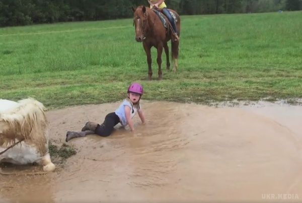 Користувачі в захваті від поні, який виваляв дівчинку в грязі. Американський заводчик коней і продавець автомобілів Джим Уорнер опублікував у своєму Facebook відео, в якому білий поні грається в грязі.