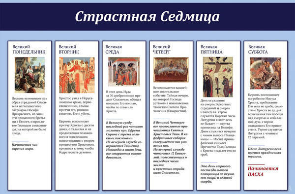 Страсний тиждень: що можна, і що потрібно робити в святі дні. Страсна седмиця – сім святих днів, в які необхідно суворо дотримуватися Великого посту і повністю обмежити себе від різних видів святкування, надаючи себе літургіям.