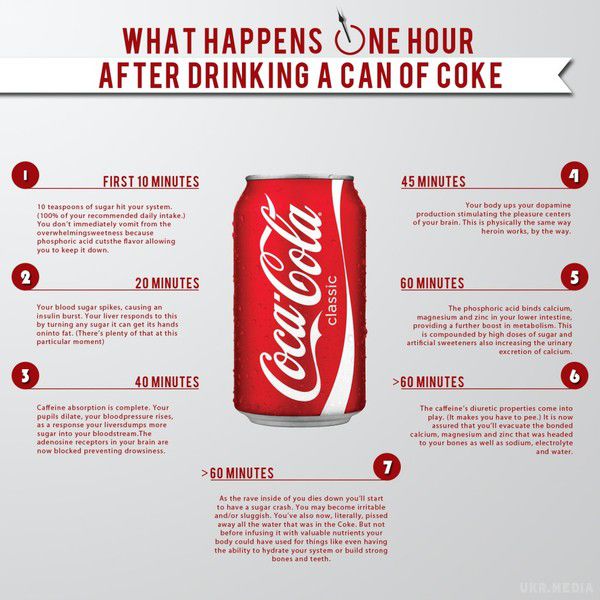 Що відбувається з вашим тілом через годину після випитої банки Coca-Cola. Ви коли-небудь думали над тим, що відбувається всередині вашого тіла після того, як ви випиваєте банку газованої води?