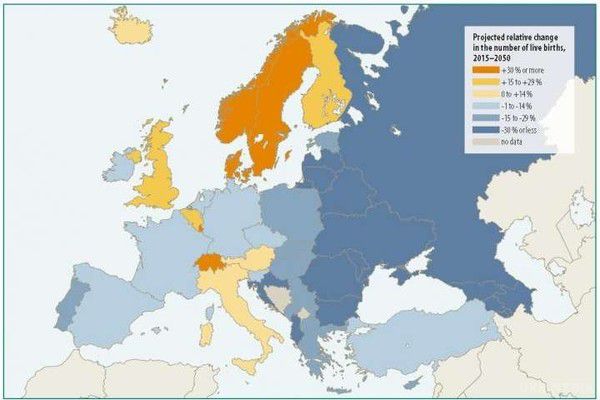 Фахівці створили демографічну карту Європи з прогнозом на 2050 рік.  Дані охоплюють народжуваність, смертність, міграцію і структуру населення, включаючи старіння всіх країн Європи.