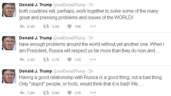 Трамп: "При моєму президентстві Росія буде поважати США більше, ніж зараз". Обраний президент США Дональд Трамп висловився за хороші відносини з Росією і назвав &amp;quot;дурнями&amp;quot; тих, хто проти цього.
