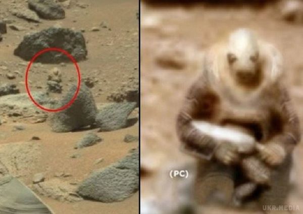 На фотографіях з Марса знайшли інопланетянина в скафандрі. Судячи з ракурсу він здалеку спостерігає за подорожуючим по поверхні марсоходом. 