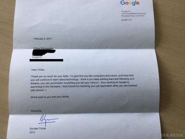 Директор Google відповів семирічній претендентці на роботу. 7-річна дівчинка з британського міста Херефорд Хлоя Бріджуотер написала зворушливого листа в компанію Google з проханням взяти її на роботу