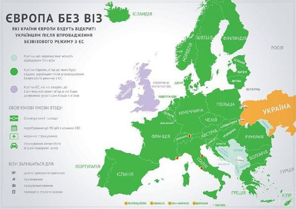 Куди українці можуть їхати без віз: з'явилася яскрава інфографіка. На карті видно, що доведеться отримувати візи при відвідуванні країн ЄС, які не входять в Шенгенську зону.