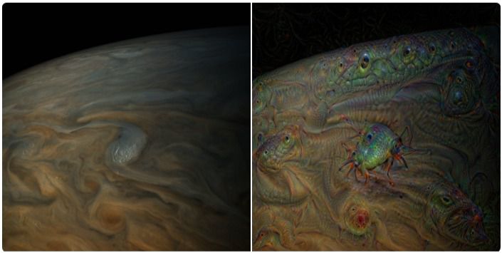 Нейромережа Google побачила на Юпітері мавп і качок. Нейронна мережа побачила закономірності у фотографіях Юпітера і зоряних областей і намалювала там тварин - качок, риб, обезтян, черепах.