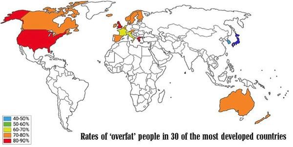 Найбільше товстушок серед американок і англійок. Медики підрахували відсоток людей з ожирінням у 30 найбільш розвинених країнах світу.