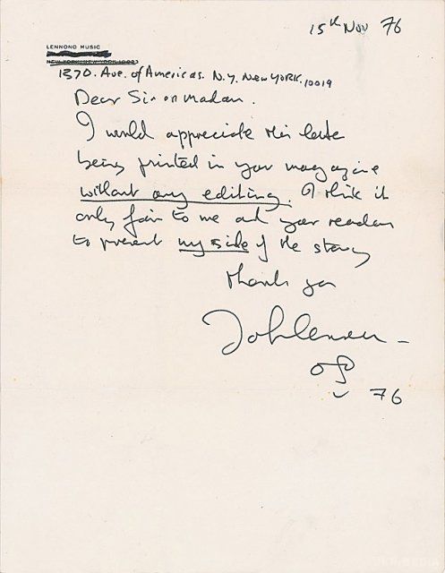 Листи Джона Леннона його дружині опубліковані через 40 років. Багато шанувальників The Beatles вважають, що Йоко Оно стала причиною розлучення Джона Леннона з його першою дружиною Синтією.