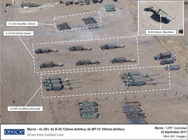 ОБСЄ показала фото великого скупчення військової техніки бойовиків ЛНР. Дані фотографії були зроблені безпілотним літальним апаратом СММ ОБСЄ.
