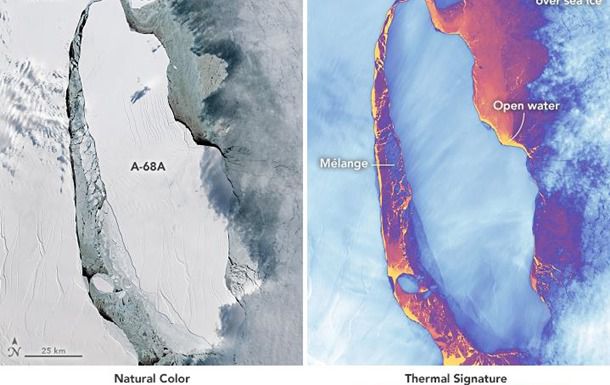 Співробітники NASA оприлюднили фото тріснувшого гігантського айсберга. Крижина, вперше детально показана на знімку, була частиною льодовика Ларсена.
