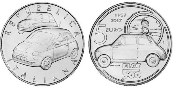 В Італії з'явилася монета на честь Fiat 500 (фото). 60-річний ювілей знаменитого хетчбека Fiat 500 відсвяткували випуском ювілейної срібної монети номіналом 5 євро з зображенням оригінальної і сучасної версій автомобіля. 