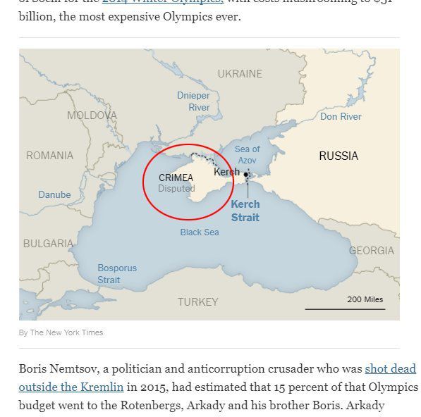 New York Times опублікував карту, на якій Крим позначили як Росію. Американське видання The New York Times опублікувало карту, на якій тимчасово окупований Крим зобразили одним кольором з територією Росії, та позначили як "спірну територію".