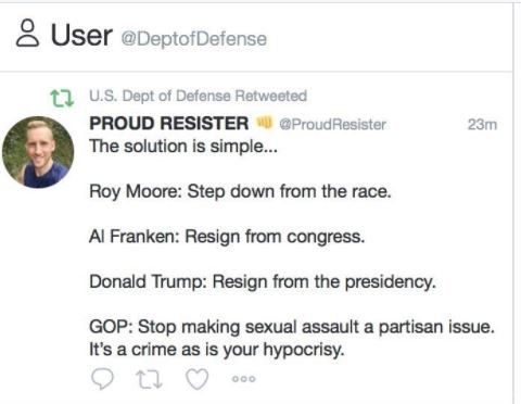 Пентагон помилково ретвітнув заклик до відставки Трампа. Міноборони США ретвитнуло пост користувача Proud Resiste, в якому містився заклик до відставки президента.