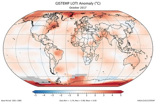 Жовтень 2017 увійшов у список рекордно теплих місяців. За даними НАСА, він увійшов до списку найтепліших октябрей за всю історію сучасних метеоспостережень. 