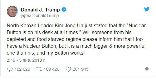 Трамп помірявся ядерними кнопками з Кім Чен Ином. Президент США Дональд Трамп відповів глави КНДР Кім Чен Ину. Він заявив, що його ядерна кнопка більше.