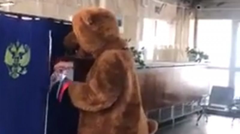 У Росії на вибори прийшли: ведмідь, панда, монстр та лицарі. На виборчу дільницю в Северобайкальську в Бурятії прийшов чоловік у костюмі ведмедя.