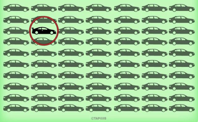 Знайдіть машину, яка не схожа на інши. У кожному зображенні є символ який відрізняється.