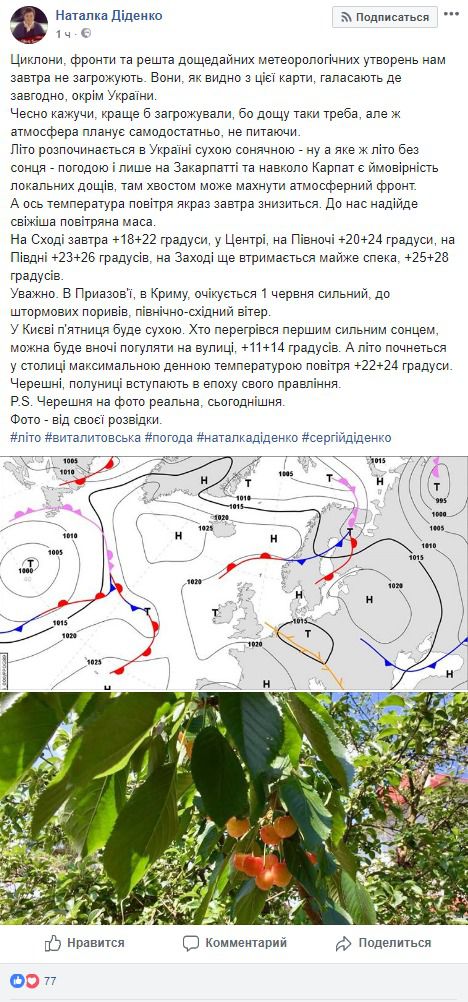 Прогноз погоди в Україні від Наталки Діденко на перший день літа. Циклони не загрожують.