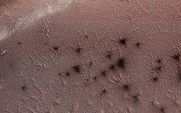 НАСА опублікувало фотографію "Марсіанських павуків" які сидять на своїй крижаній "павутині". Фотографія незвичайного явища на Марсі.