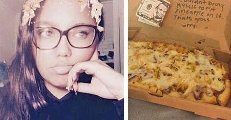 Дівчина підліток замовила піцу з ананасом, але кур'єр залишив їй записку і 5 доларів!. Дівчина була неймовірно здивована, коли прочитала записку.