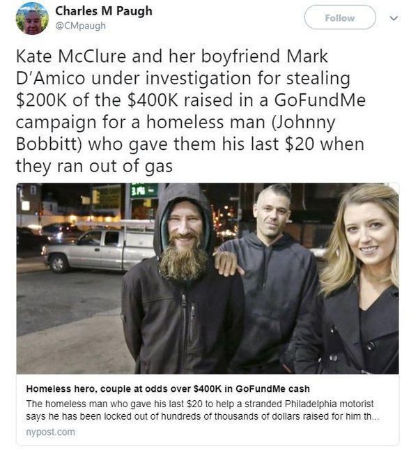 Американська пара, яка збирала гроші на допомогу безпритульному, вкрали більше половини пожертв. Чим обернувся їх "добрий" вчинок.