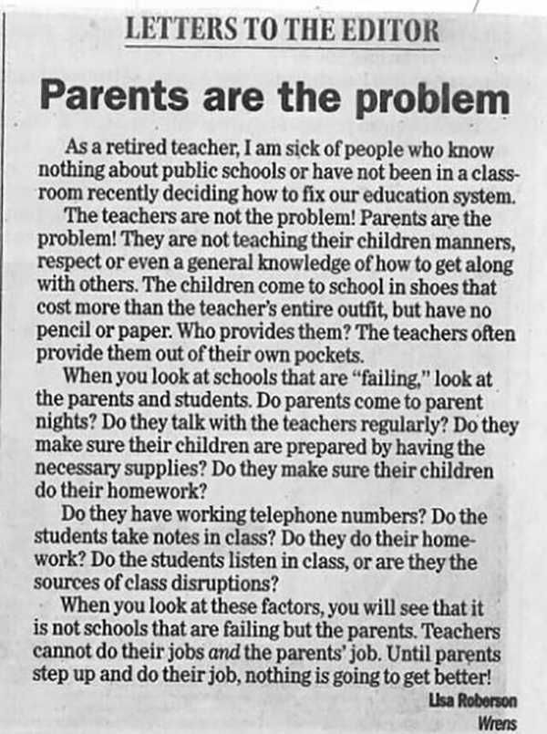 Американська вчителька на пенсії написала правдивий лист батькам. Причина проблем у школах - батьки.