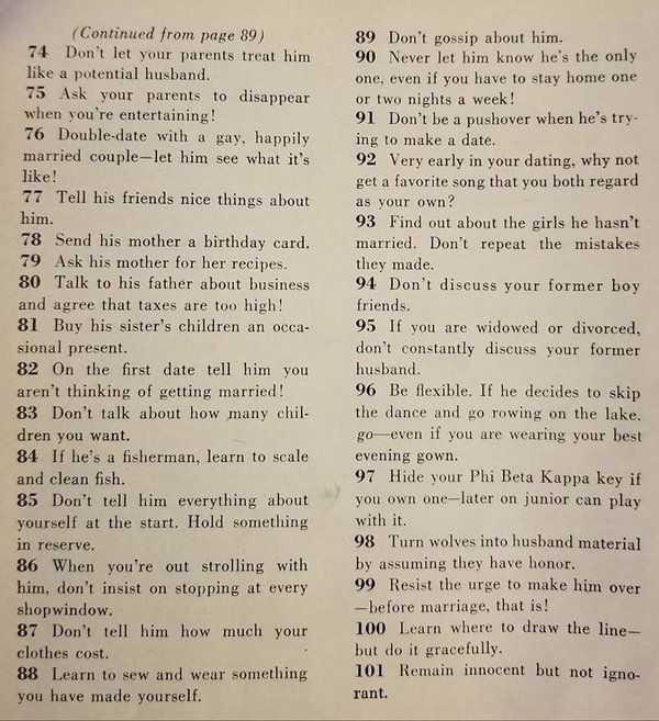 129 порад з 1958 року, про те як вийти заміж самотній жінки. Як же захомутати пристойного мужика.