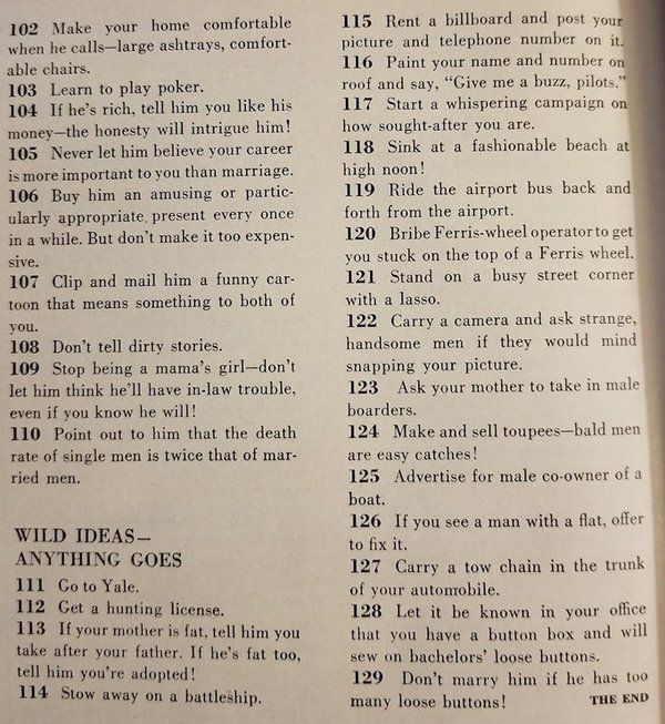 129 порад з 1958 року, про те як вийти заміж самотній жінки. Як же захомутати пристойного мужика.