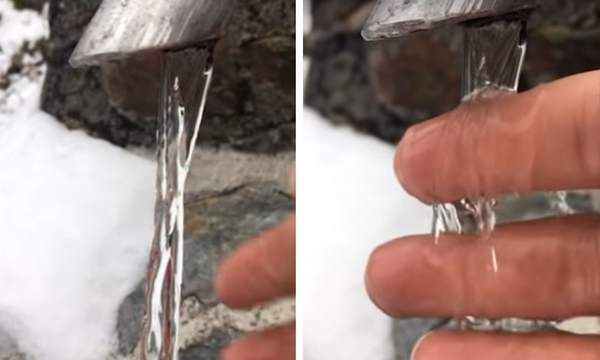 Оптична ілюзія. Замерзла вода яка стирчить з водопровідної труби, виявилася зовсім навіть не замерзлою. Погляньте і здивуєтеся! Магія?
