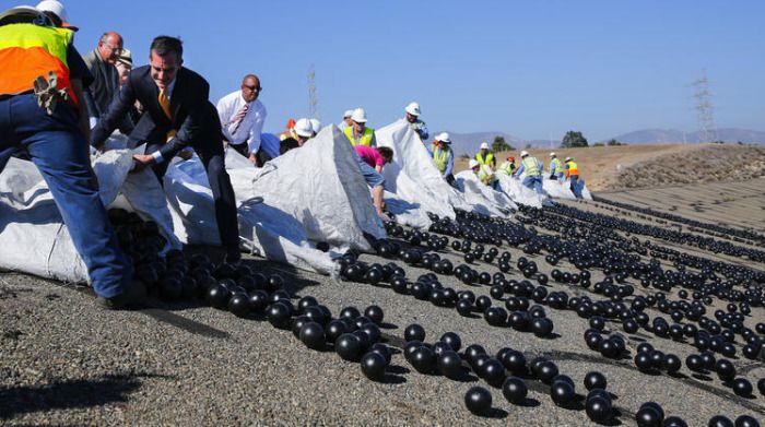 «Чорне поле»: навіщо влада Лос-Анджелеса висипала 96 млн куль у водосховище. Важко повірити, але вся ця чорна поверхня насправді водна гладь озера, яка була заповнена спеціальними пластиковими кулями.