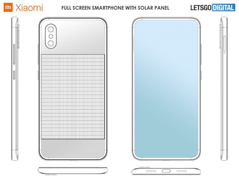 Xiaomi запатентувала безрамковий смартфон з вбудованою сонячною батареєю. Компанія запатентувала пристрій у всесвітній організації інтелектуальної власності.