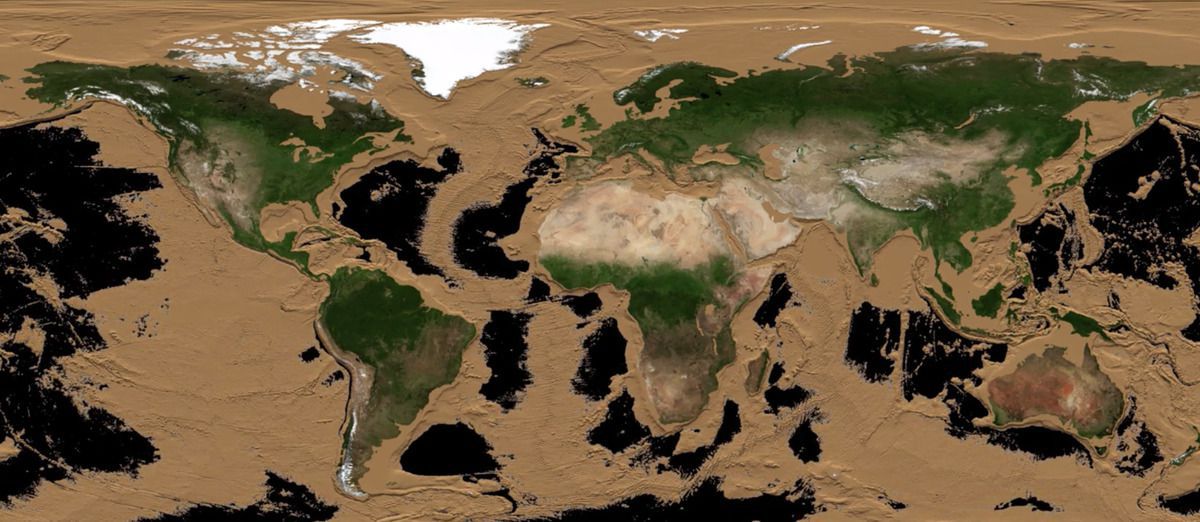 NASA у відеоролику показало, як виглядала б Земля без океанів. Зниження рівня океану всього на кілька метрів змінює вигляд планети, збільшуючи площу континентів і відкриваючи переходи між ними.