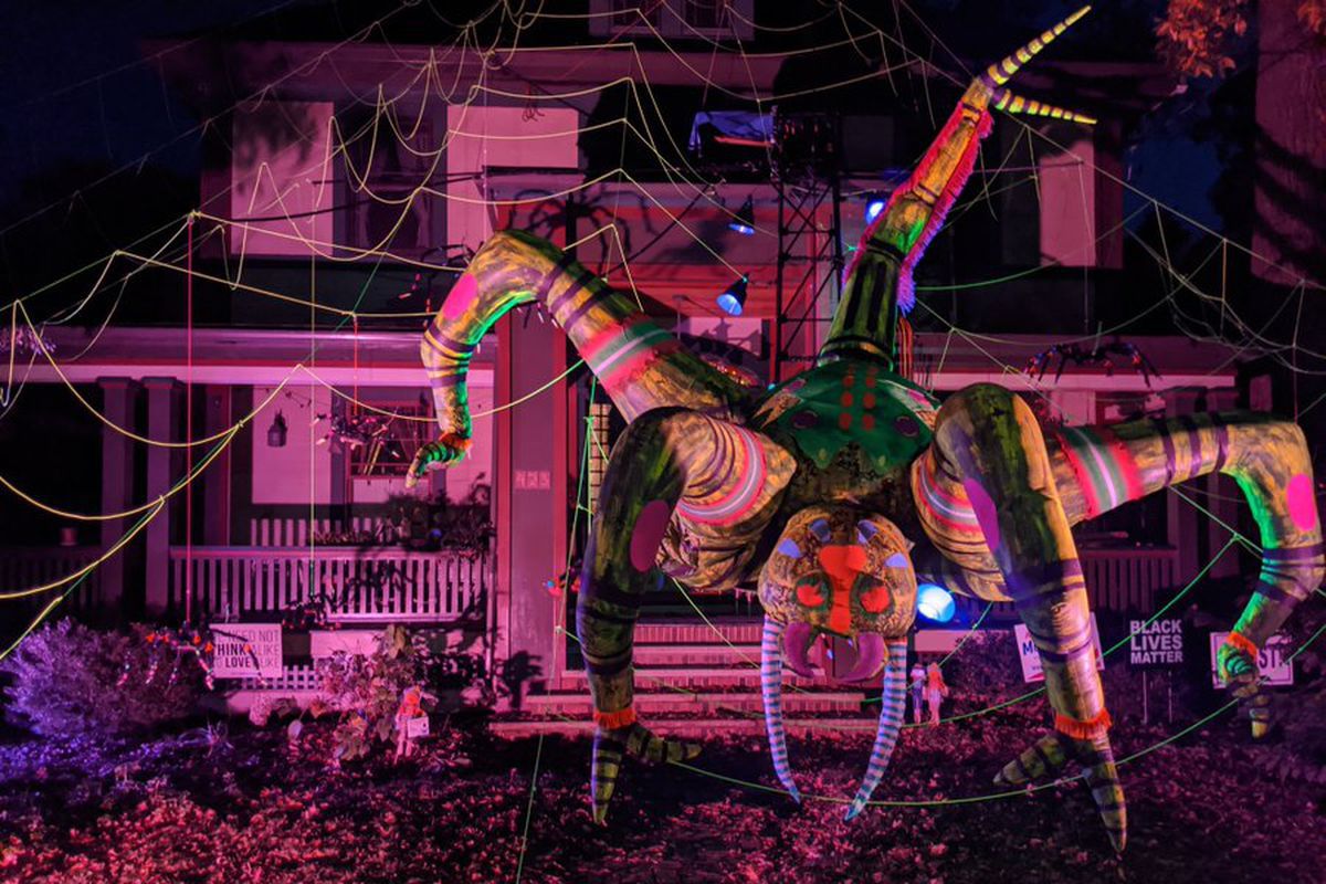 Родина прикрасила будинок до Хелловіну павутиною і в ночі по неї повзає гігантський павук. Виглядає дуже моторошно.