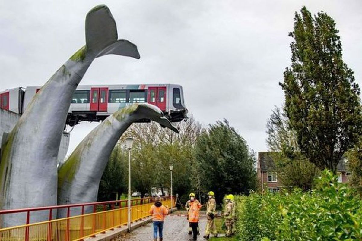 У Нідерландах статуя кита врятувала вагон, який міг упасти з 10-метрової висоти. Нідерландські інженери не бачили раніше нічого подібного.
