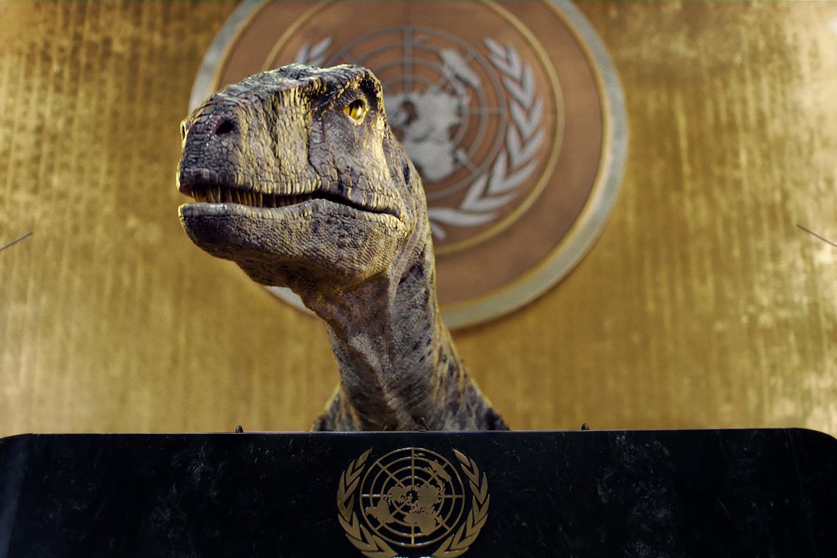 ООН показала динозавра Френкі, який попередив людство про вимирання через зміну клімату. У нас хоча б був астероїд, а яке виправдання у вас.