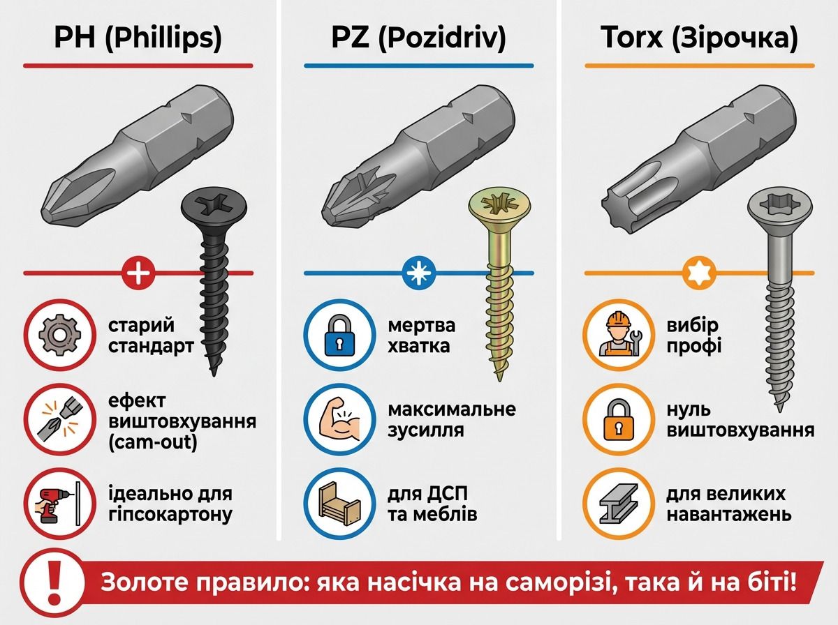 "Дайте біту для саморіза! — А вам яку PH, PZ чи Torx?" — розповідаю про різницю між цими стандартами. Більше ніякої плутанини.