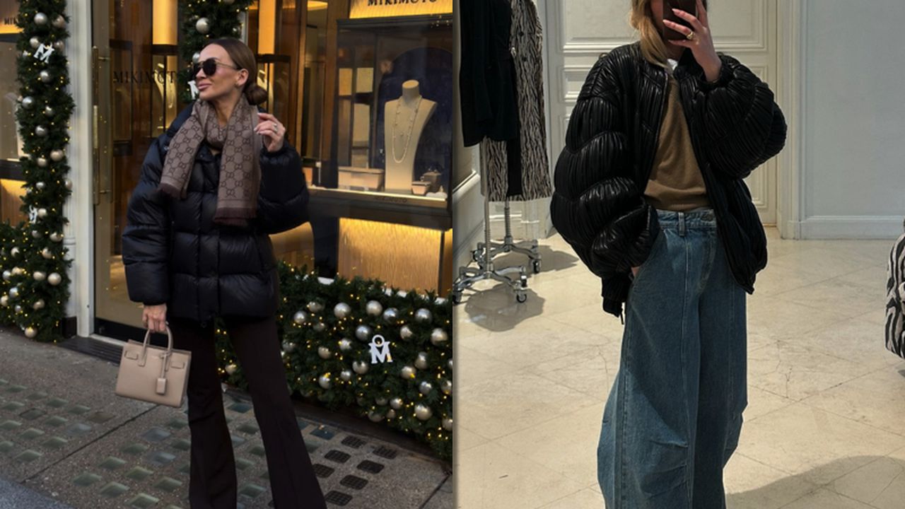 Модні образи пуховиків з джинсами та штанами клеш