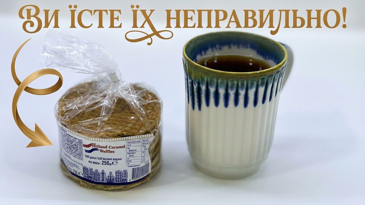 Упаковка голландських карамельних вафель стропвафлі поруч із чашкою гарячого чаю. Ілюстрація створена нейромережею Nano Banana Pro.