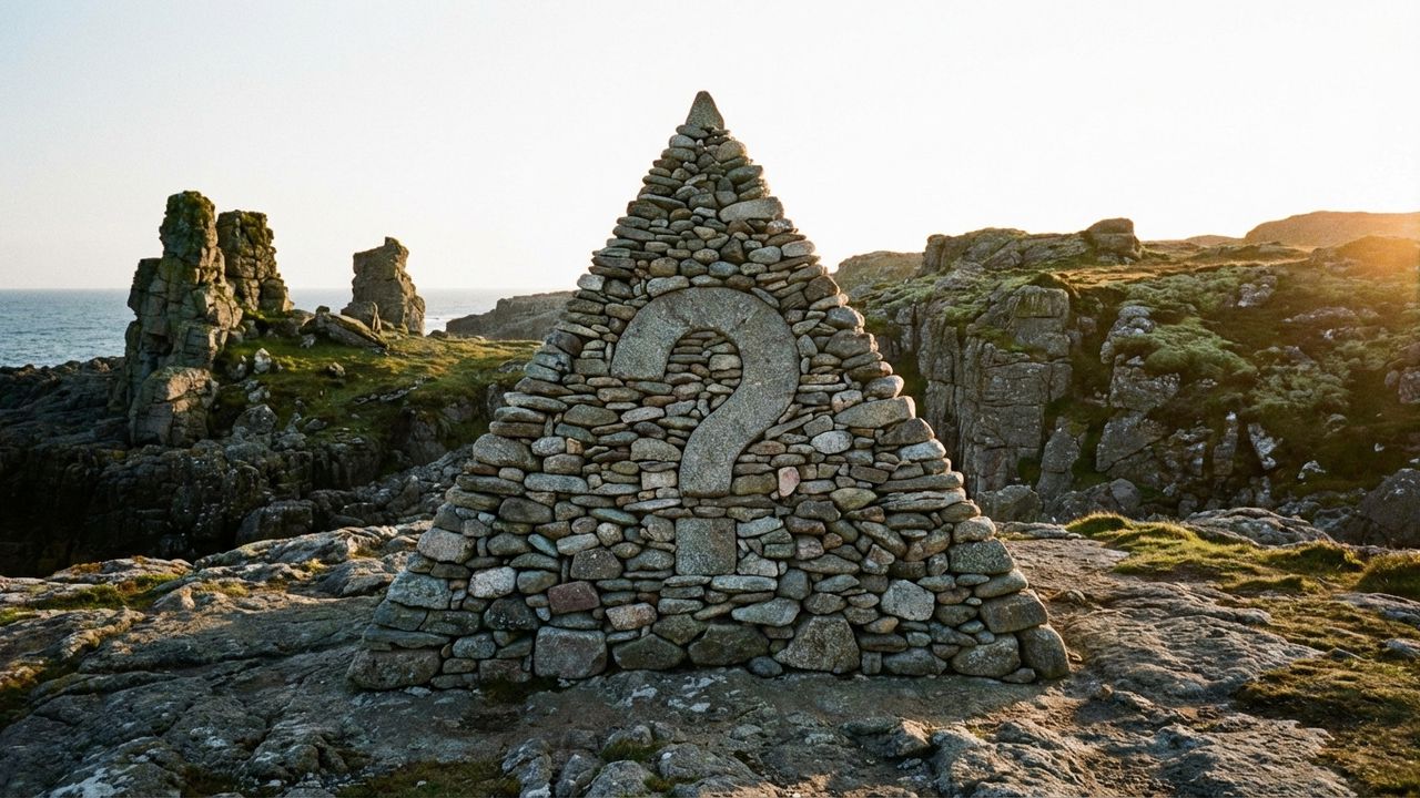 Кам'яна піраміда зі знаком питання на фоні морського пейзажу. Ілюстрація створена нейромережею Nano Banana Pro.