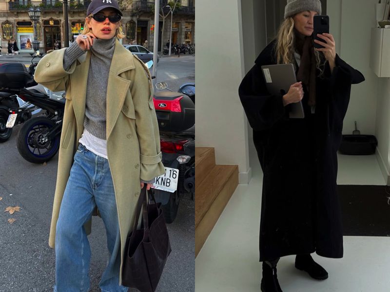 Стильні образи від фешн-інфлюєнсерів 2026: приклади багатошарових аутфітів із бежевим та чорним пальто у стилі oversize.