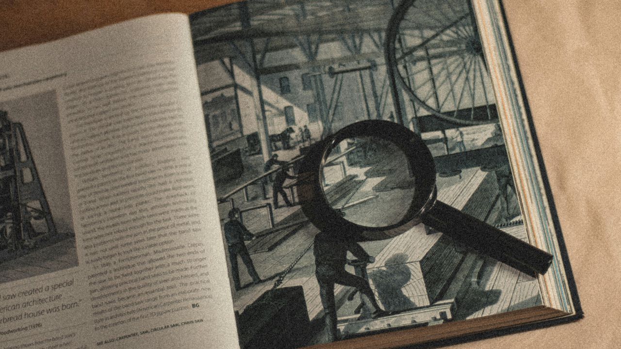 Відкрита книга-головоломка з ілюстрацією та лупою для розгадування заплутаного сюжету з несподіваним фіналом.