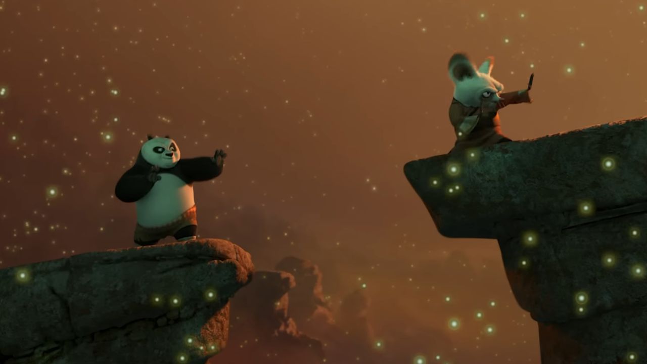 Майстер Шифу та Панда По демонструють внутрішній спокій та бойову витримку на скелях.