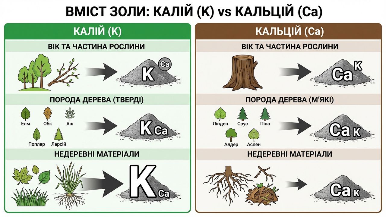 Інфографіка про вміст калію та кальцію в деревній золі залежно від джерела: порівняння складу попелу з різних порід дерев та частин рослин для використання на городі. Ілюстрація створена нейромережею Nano Banana.