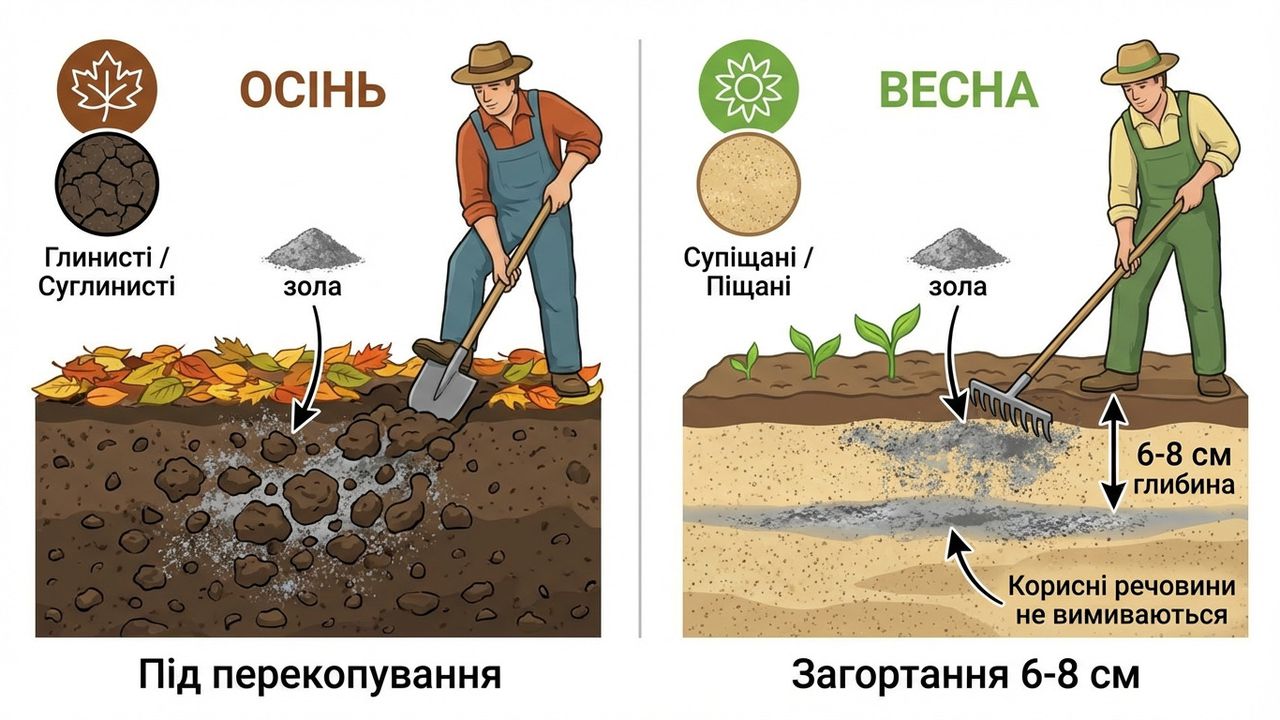Інфографіка про застосування деревного попелу як добрива на городі: правила внесення золи в ґрунт восени та навесні залежно від типу землі. Ілюстрація створена нейромережею Nano Banana.